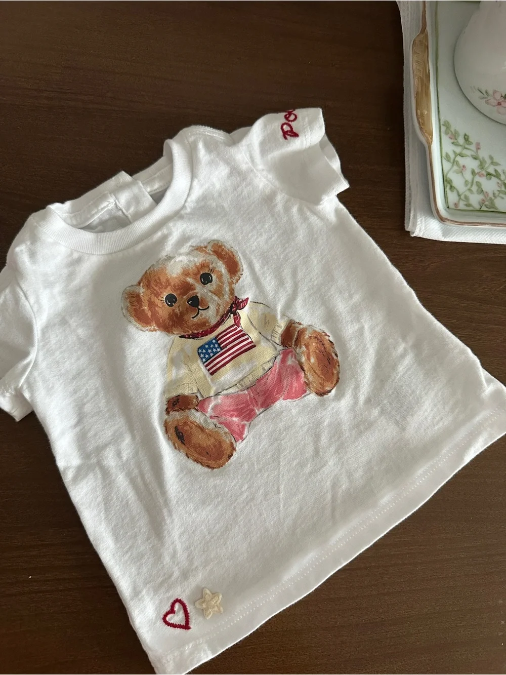 Ralph Lauren White Teddy Bear Graphic Tee with Flag Detail Baby 0-3  M